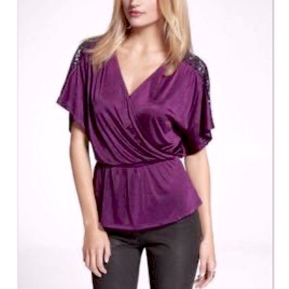 Express purple sequin shoulder surplice peplum top - Picture 1 of 13